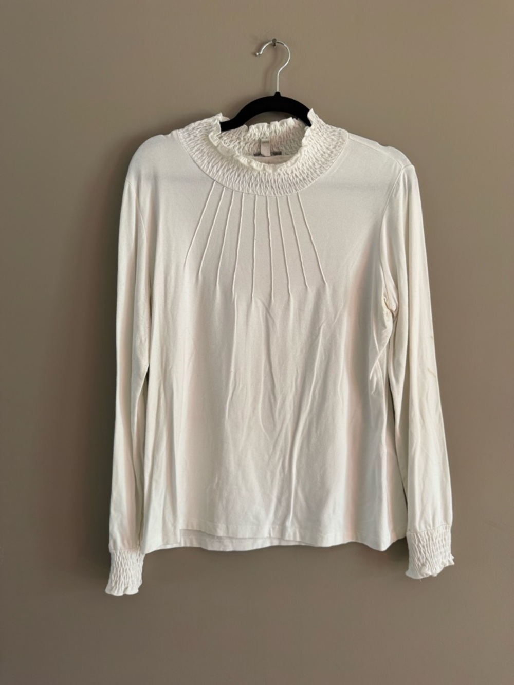 Smocked Neck Long Sleeve Cream White Top